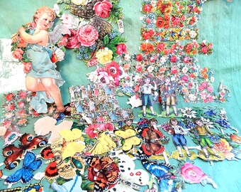 Victorian style paper die cut scraps, Germany / butterfly, flowers, cherub, large lot of die cut images