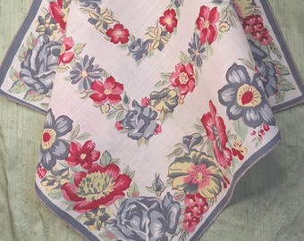 Grey blue and pink floral handkerchief / vintage hankie