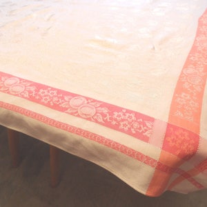 Retro fruit tablecloth / smaller vintage 47&quot; x 48&quot; white and peach table cover