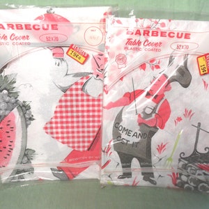 Two BBQ plastic tablecloths /  vintage, new in sealed packages, barbecue