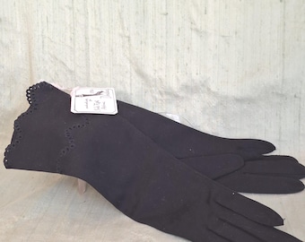Black cotton women's gloves / vintage, mid length w eyelet cut out / Saks Fifth Avenue, size 6, NOS, unworn