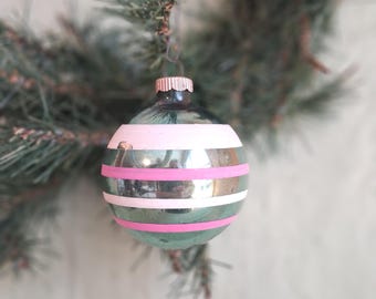 Banded blue glass Christmas tree ornament / 2.5" vintage holiday