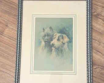Framed dog picture by Fannie Moody / vintage carved wood frame w Terrier picture