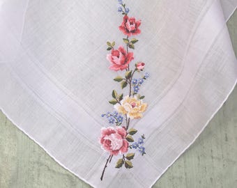 Embroidered petit point floral bouquet handkerchief / vintage needlepoint hankie