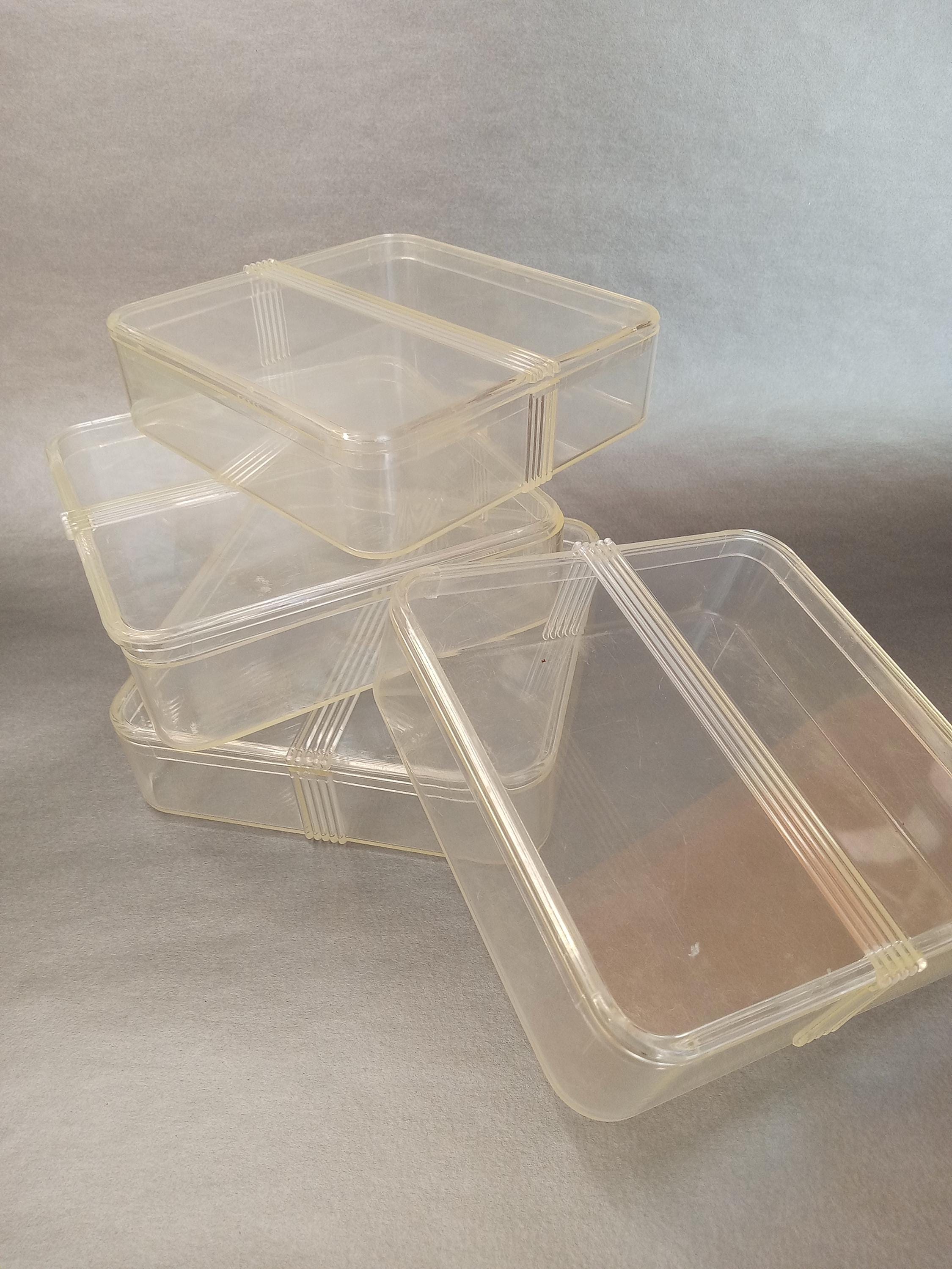 4 cajas de plástico / caja de plástico transparente vintage para guardar baratijas / caja de plástico de dos piezas