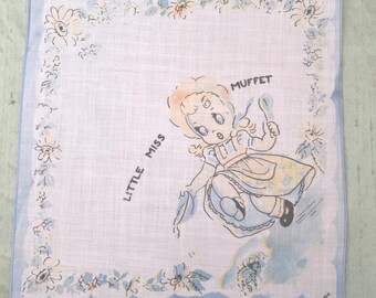 Little Miss Muffet child handkerchief / small, vintage nursery rhyme hankie