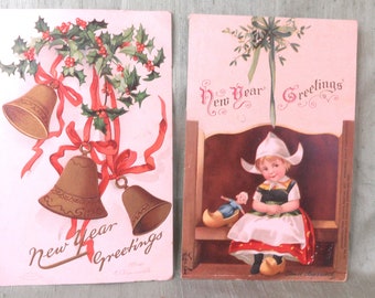 2 Clapsaddle Neujahrsgrüße Postkarten, 1907 Holländer Mädchen, Glocken; Nutley