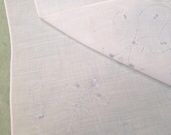 Embroidered pale blue on white floral handkerchief / vintage four corner