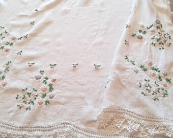 As Is embroidered tablecloth with crocheted edge / vintage, 53" x 72"
