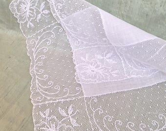 Wide net lace handkerchief / vintage white linen wedding hankie