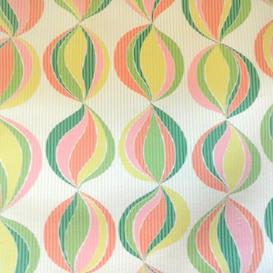 May include: A repeating pattern of abstract, stylized, teardrop-shaped orbs in shades of green, pink, orange, and yellow on a white background.