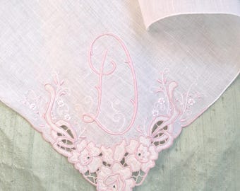 Monogram D embroidered handkerchief / vintage, appliqued, pink hankie / initial D, letter D