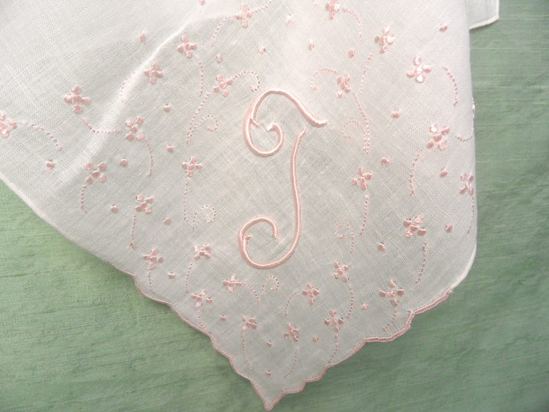 letter T Monogram T embroidered handkerchief pastel vintage hankie initial T