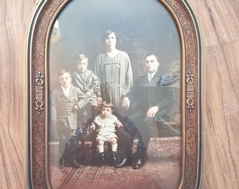 Curved top picture frame w convex bubble glass / 12.5" x 18.5" antique w domed glass, gesso, brown gold