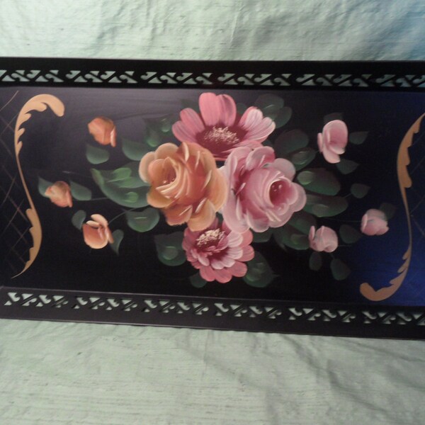 Toleware rectangular vintage black and pink floral tray / Larger 24" Tole Metal Tray