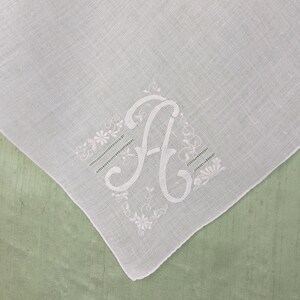 Monogram A handkerchief / white on white linen appliqued hankie / letter A, initial A