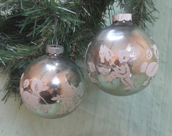 2 stenciled toy themed glass tree ornaments  / vintage, as is, ornament pair, retro Christmas, boat, bear, clown