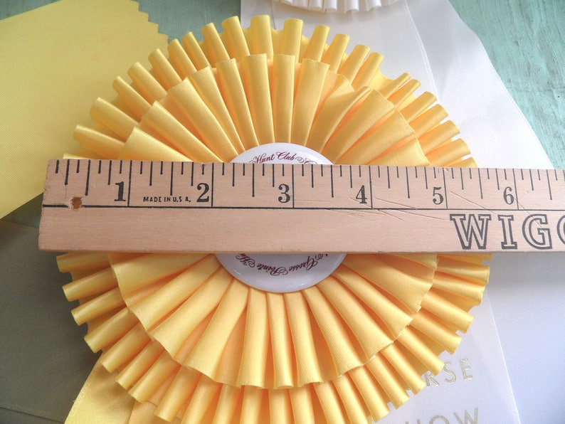 collage Four large horse prize ribbons 6 inch double rosette yellow white green assemblage collar dressage