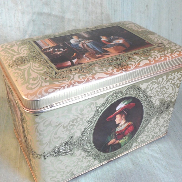 Dutch Masters hinged lid tin container / vintage rectangular storage / gold scroll design, Holland