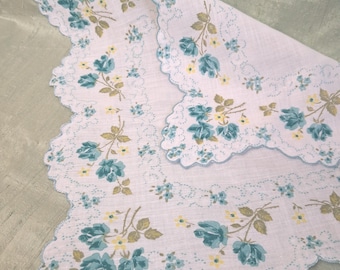 Aqua floral handkerchief / vintage hankie