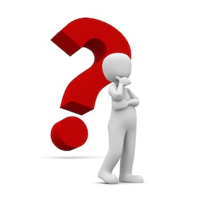 May include: A white 3D figure with a red question mark above its head, looking thoughtful with its hand on its chin.