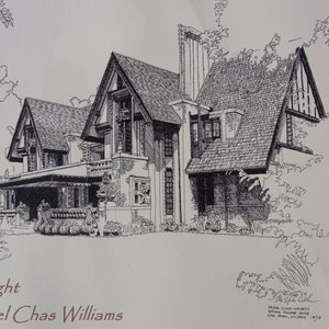 May include: Black and white line drawing of a large house with a porch and a gabled roof. The drawing is signed "copyright Michael Chas Williams".