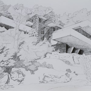 Casa Falling Water de Frank Lloyd Wright - reprodução de belas artes de caneta e tinta original