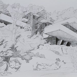 Frank Lloyd Wright's Falling Water home-Fine Art Reproduction of Pen and Ink Original