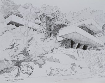 フランク・ロイド・ライトの落水荘 - ペンとインクで描かれた