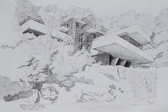 フランク・ロイド・ライトの落水荘 - ペンとインクで描かれた