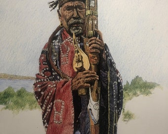 Coloured Pen and Ink Print Pacific Northwest Kwaqiulth Chief Hamasoka