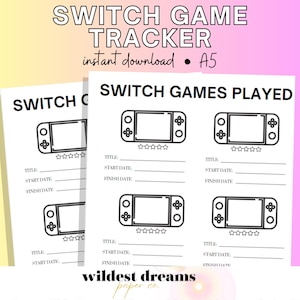May include: Printable A5 Switch Game Tracker with a black and white design. The tracker has a space for the title, start date, and finish date of each game played. The tracker also has a space for a rating of the game.