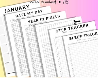 Könnte beinhalten: Ein Bundle aus druckbaren Planerseiten zum Thema Neujahr. Die Seiten enthalten einen Januar-Kalender, ein 'Bewerte meinen Tag'-Blatt, einen 'Year in Pixels'-Tracker sowie Schritt- und Schlaftracker. Der Text 'sofortiger Download' und 'A5' sind ebenfalls sichtbar.
