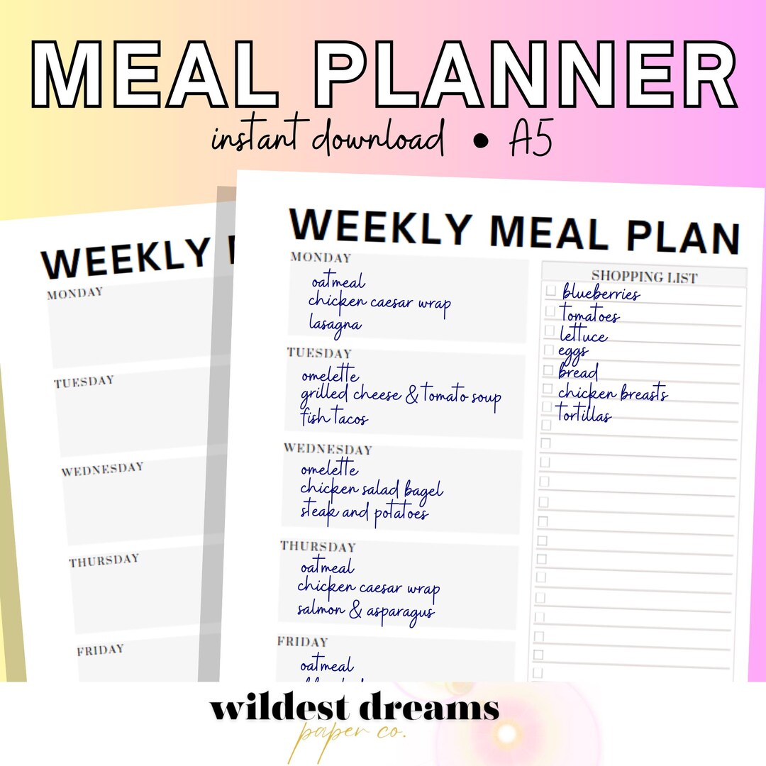 Printable Meal Planner | Shopping List | Monthly Planner | A5 ...