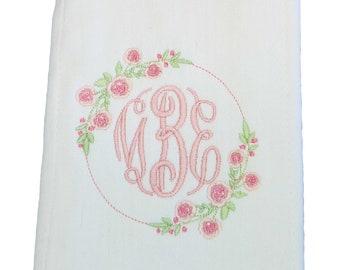 Roses Bouquet Monogrammed Baby Burp Cloth, Baby Shower Gift, Baby Girl Burp Cloth