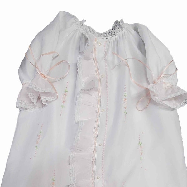 The Samantha- Satin Batiste Hand Embroidered Pink Ruffle Baby Gown, Bonnet, and Slip, Coming Home Outfit, Newborn Gown