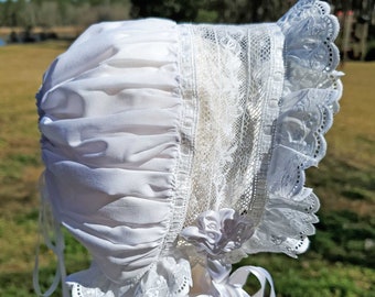 Heirloom White Swiss Eyelet Baby Bonnet, Easter Bonnet, Coming Home Bonnet, Baptism Christening Bonnet