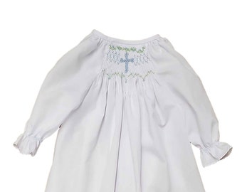 The Aubrey-Hand Smocked Blue Cross Infant Day Gown, Baby Boy Dedication Baptism Gown, Coming Home Outfit