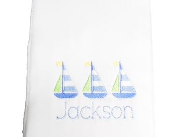 Sailboat Trio Baby Burp Cloth with Embroidered Name for Boys and Girls