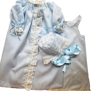Blue swiss batiste front opening baby gown, slip, and bonnet. Heirloom sewing.