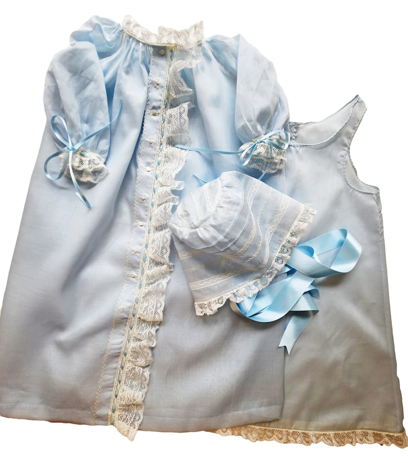 Blue swiss batiste front opening baby gown, slip, and bonnet. Heirloom sewing.