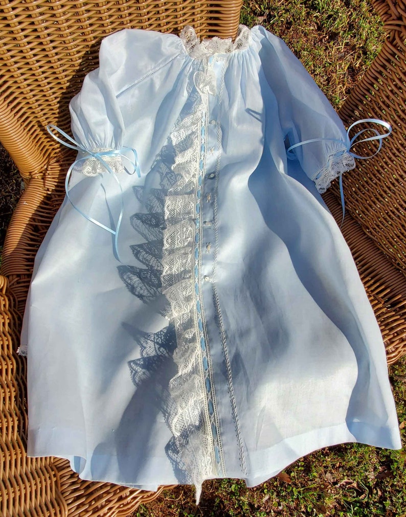 Swiss Batiste Front Lace Ruffle Heirloom Baby Gown, Bonnet, and Slip.