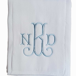 Light blue monogrammed baby boy burp cloth.