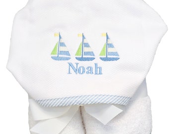 Sailboat Trio Personalized Baby Hooded Towel, Boy Monogrammed Hooded Towel, Toddler Hooded Towel, Toddler Beach Towel