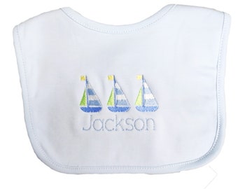 Sailboat Trio Personalized Baby Bib, Boy or Girl Baby Bib, Personalized Baby Shower Gift