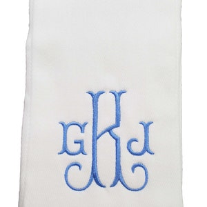 Monogrammed baby burp cloth. Font: Arabesque 7 in Sweet Boy Blue thread.