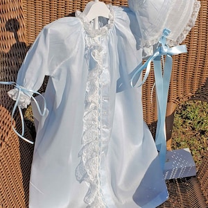 Blue Swiss Nelona Heirloom baby gown and bonnet.