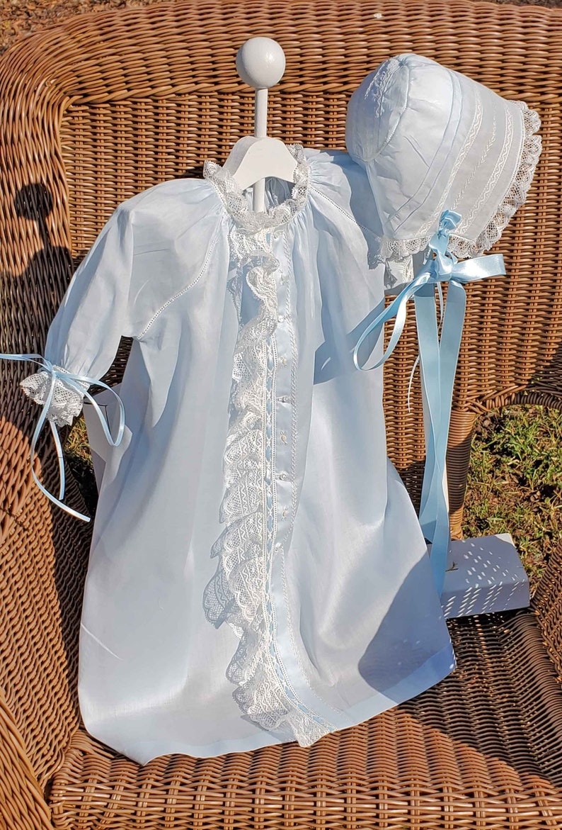 Blue Swiss Nelona Heirloom baby gown and bonnet.