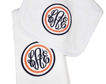 Double Circle Monogrammed Bib and/or Burp Set, Perosnalized Baby Bib, Team Spirit Bib or Burp cloth