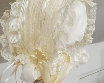 Lace & Ribbon Infant Bonnet Heirloom Christening Bonnet